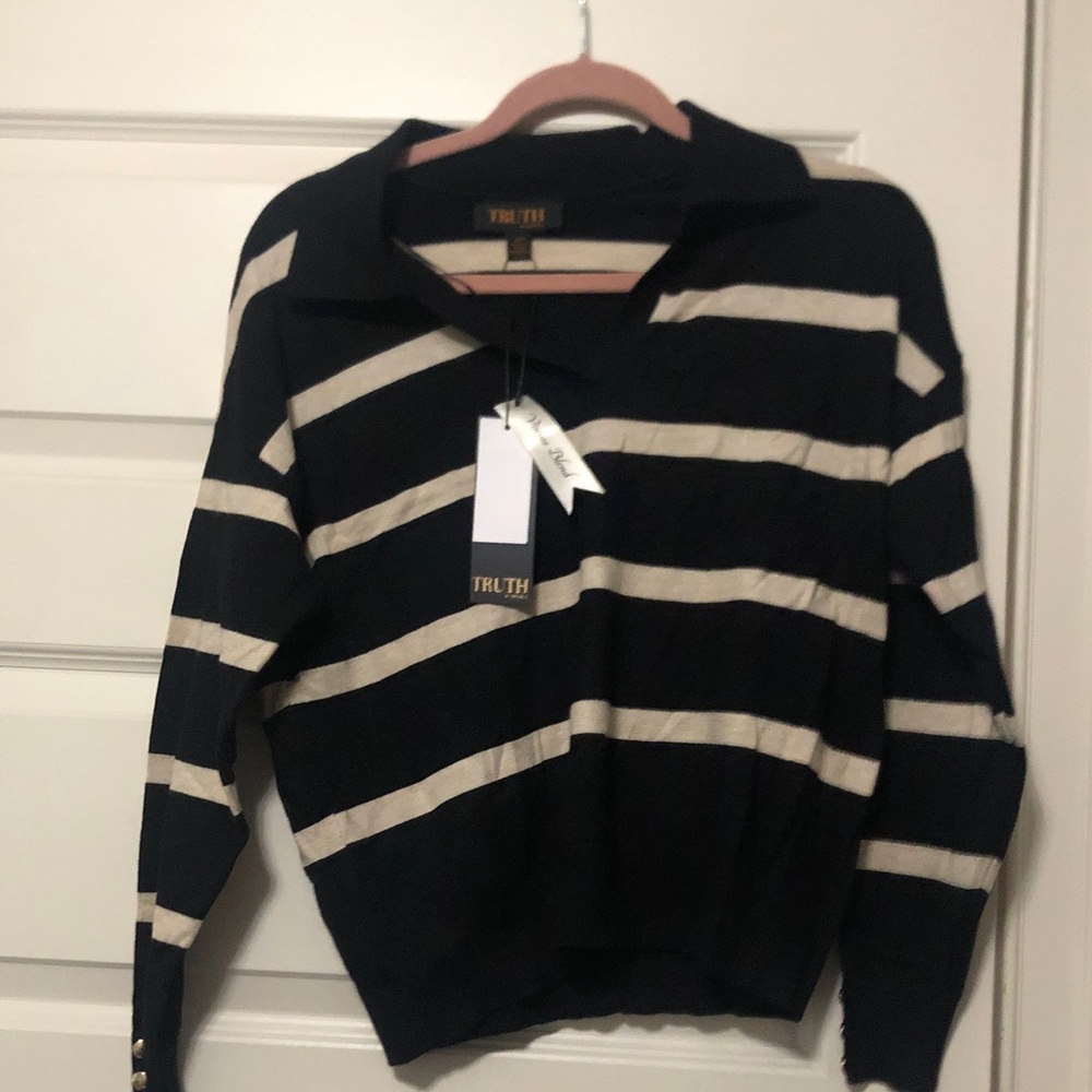Truth Black and Cream Striped V-Neck Sweater